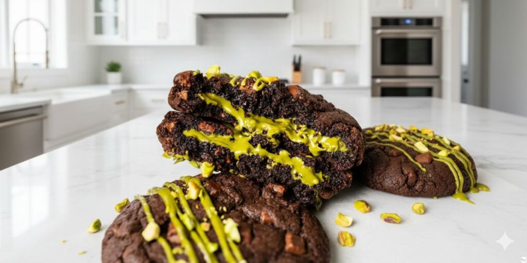 Soft and chewy pistachio chocolate chip cookies with gooey pistachio cream