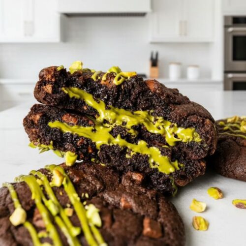Soft and chewy pistachio chocolate chip cookies with gooey pistachio cream