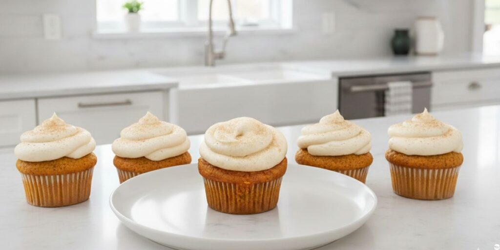 Soft and moist pumpkin spice cupcake recipe with creamy cream cheese frosting on a cozy autumn-themed table