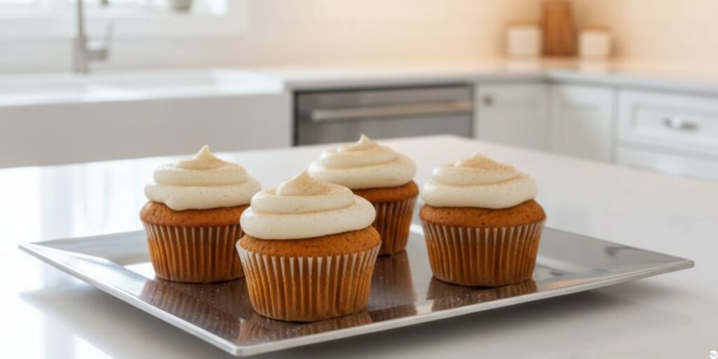 Frosting soft moist pumpkin spice cupcakes with creamy tangy cream cheese frosting