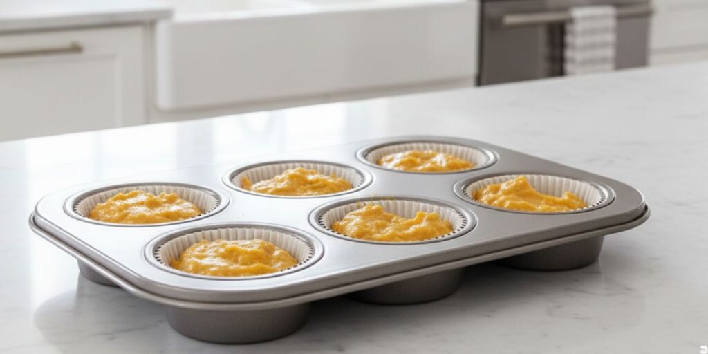 Pouring spiced pumpkin batter into cupcake liners for perfectly domed pumpkin spice cupcakes