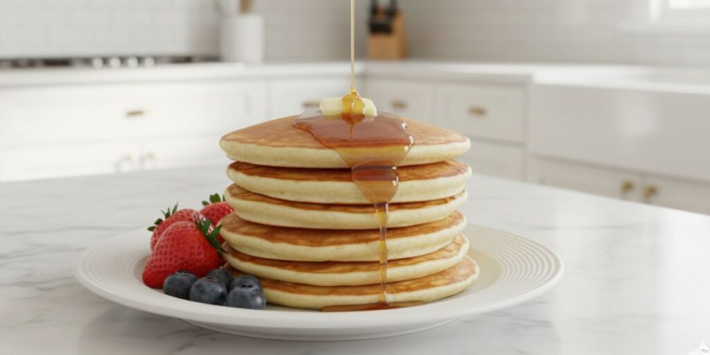 Stack of Perkins buttermilk pancakes served with fruits and syrup in white kitchen