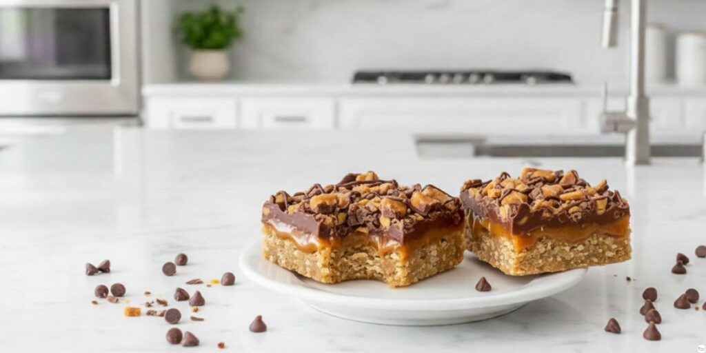 Caramel Chocolate Crunch Bars topped with melted chocolate chips