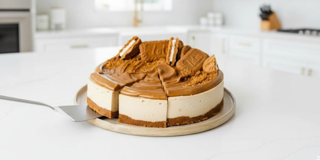 Vegan Biscoff Cheesecake with cookie crust and creamy filling