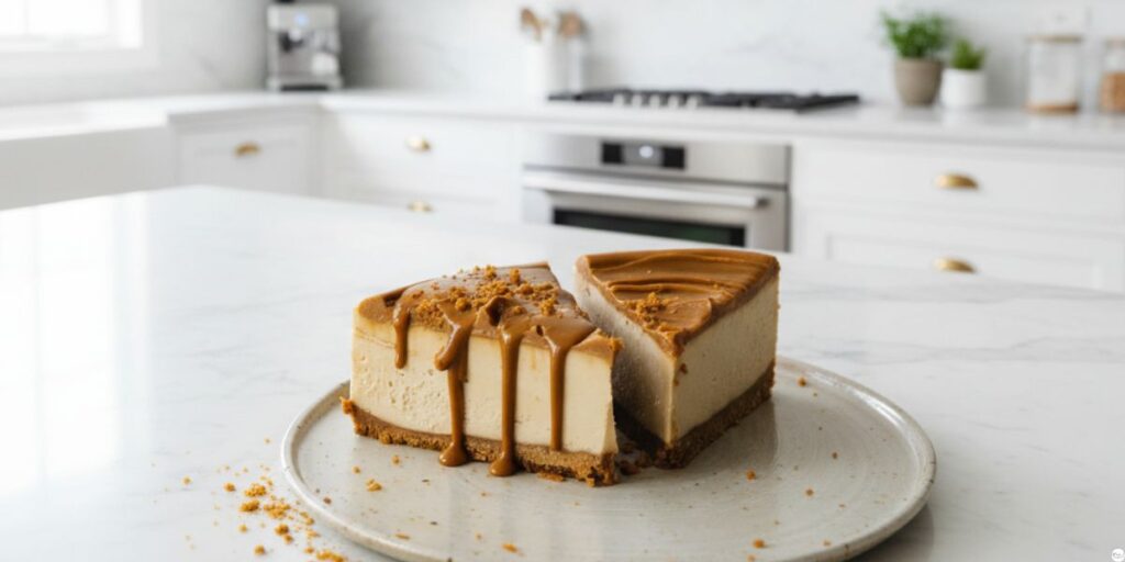 Slice of vegan Biscoff cheesecake with Biscoff cookie topping