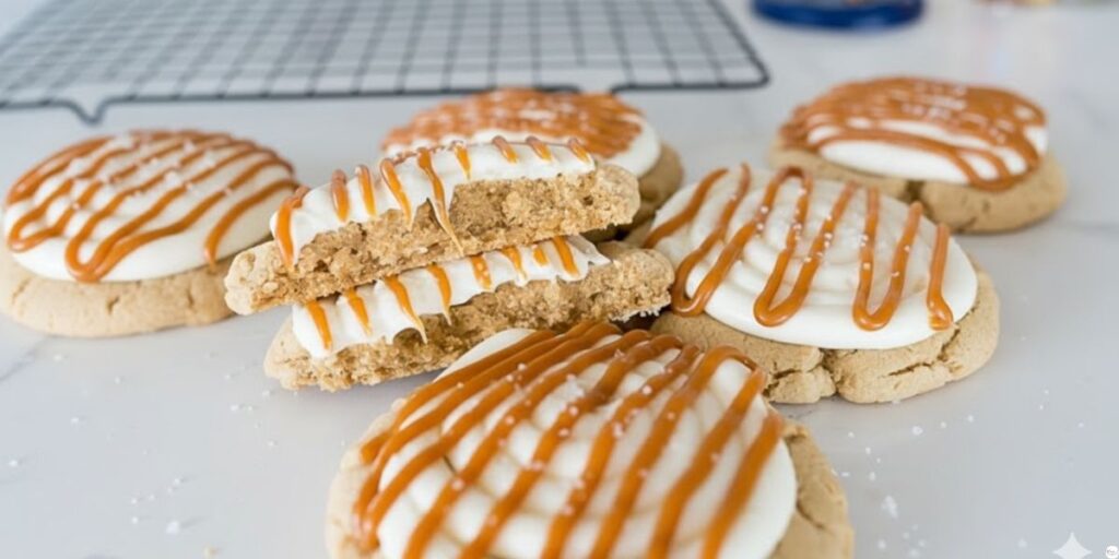 Caramel drizzle on salted caramel cheesecake cookies