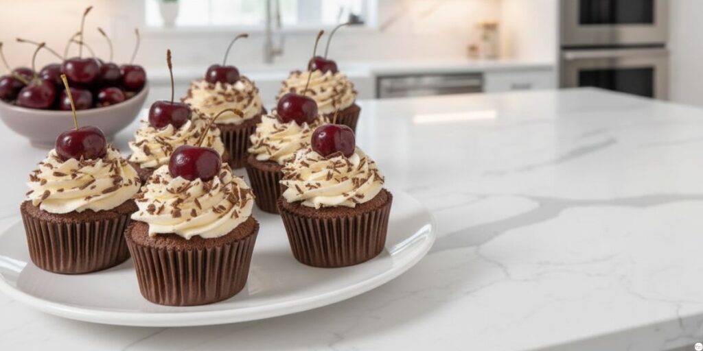 Chocolate cherry cupcakes arranged on a serving plate, perfect dessert for parties.