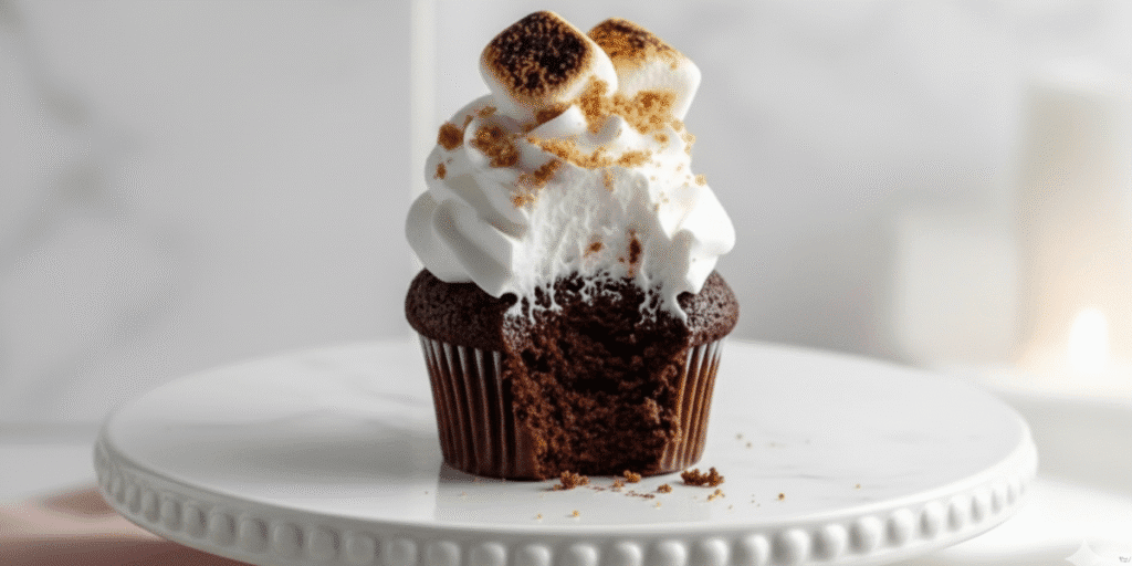 Close-up of finished S’mores cupcake with golden toasted marshmallow frosting, chocolate drizzle, and graham cracker crumbs