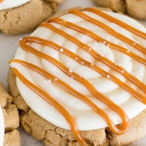 Soft and chewy caramel cheesecake cookies topped with caramel and sea salt