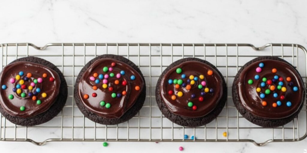 Spreading chocolate ganache and adding rainbow sprinkles on Cosmic Brownie Cookies”