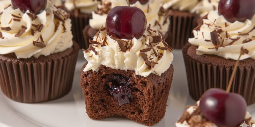 Decorated Black Forest Cupcakes with whipped cream, cherries, and chocolate shavings ready to serve.