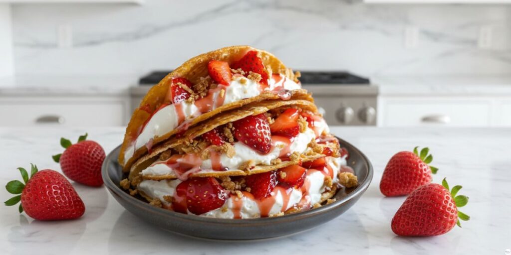 Finished strawberry cheesecake tacos topped with strawberries and crunchy crumble.