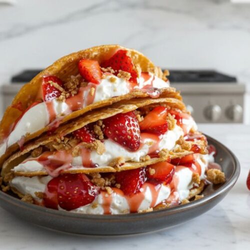 Finished strawberry cheesecake tacos topped with strawberries and crunchy crumble.