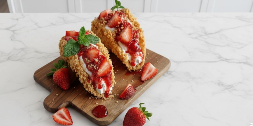 Strawberry crunch cheesecake tacos filled with creamy cheesecake and fresh strawberries.