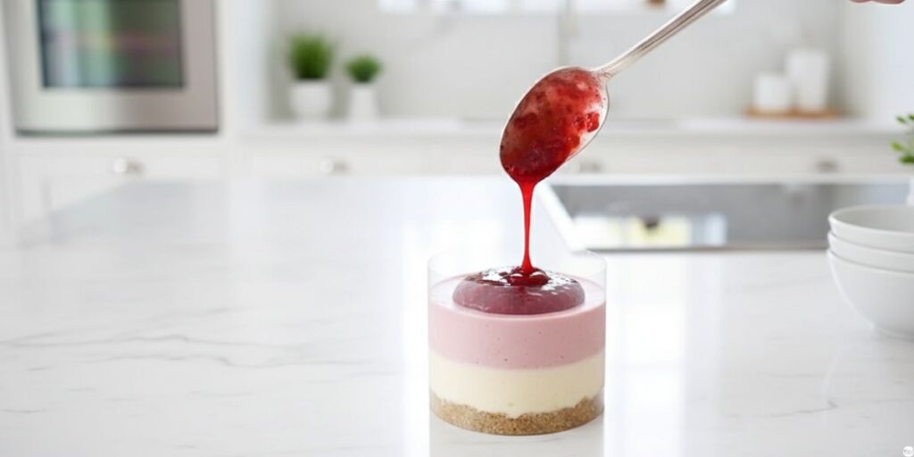 Fresh raspberries cooked with sugar and agar agar to make topping for no-bake cheesecake