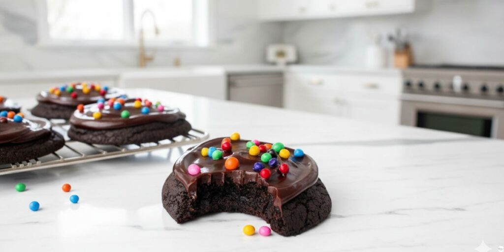 Freshly baked Cosmic Brownie Cookies with chocolate ganache and rainbow sprinkles on a plate showing soft, fudgy centers