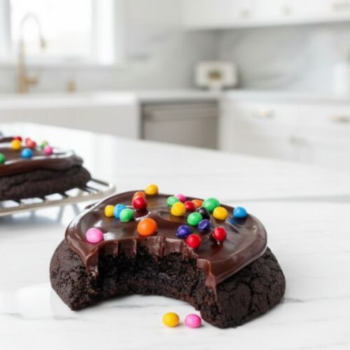 Freshly baked Cosmic Brownie Cookies with chocolate ganache and rainbow sprinkles on a plate showing soft, fudgy centers