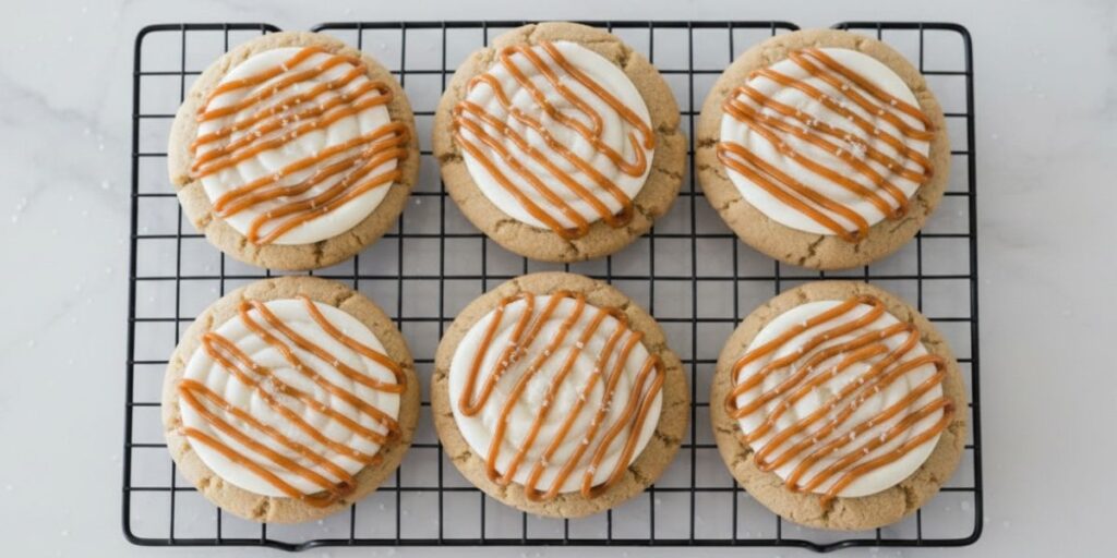 Freshly baked caramel cheesecake cookies cooling on rack