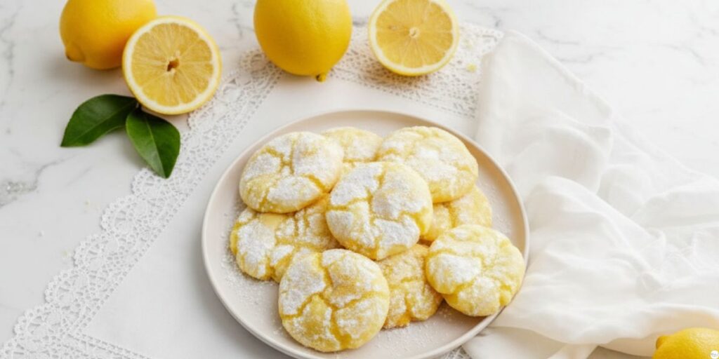 Freshly baked lemon crinkle cookies with soft centers and crackled tops on a plate