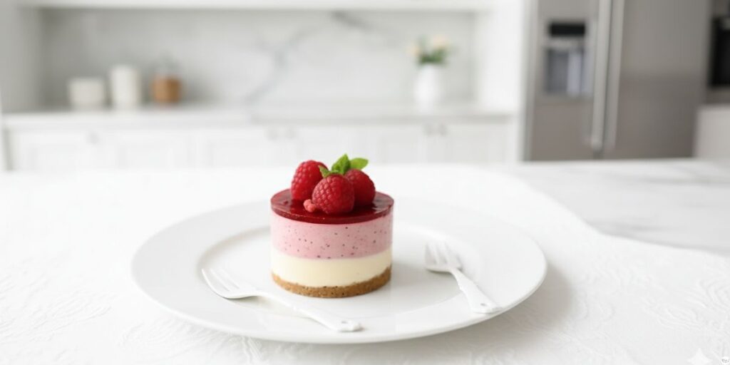 Mini no-bake raspberry cheesecakes in individual jars with creamy filling and raspberry topping”