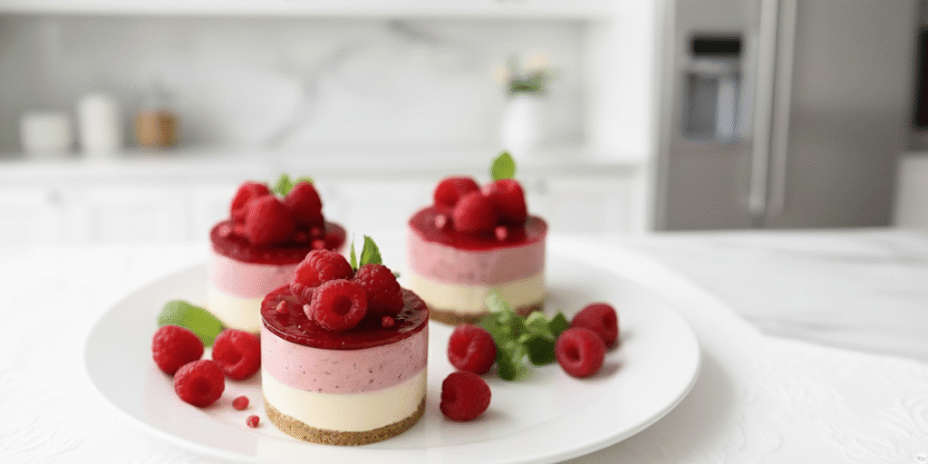 No-Bake Raspberry Cheesecake with creamy layers, buttery biscuit base, and fresh raspberry topping on a white plate