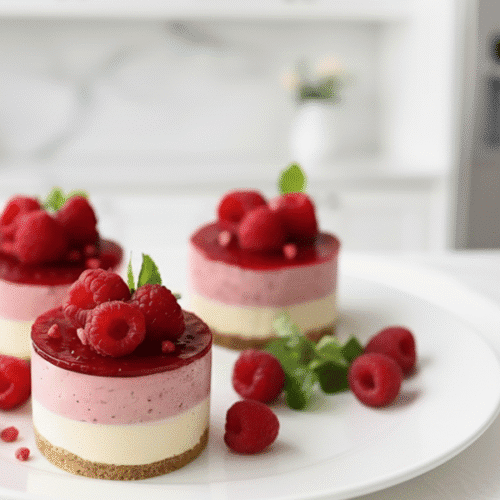 No-Bake Raspberry Cheesecake with creamy layers, buttery biscuit base, and fresh raspberry topping on a white plate