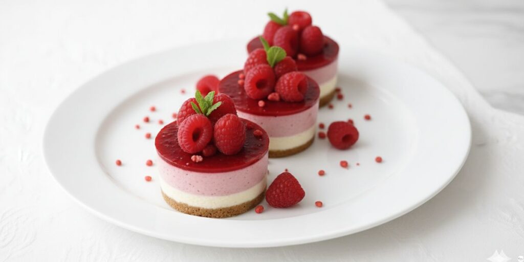 No-bake raspberry cheesecake served on a plate ready to eat, garnished with fresh raspberries