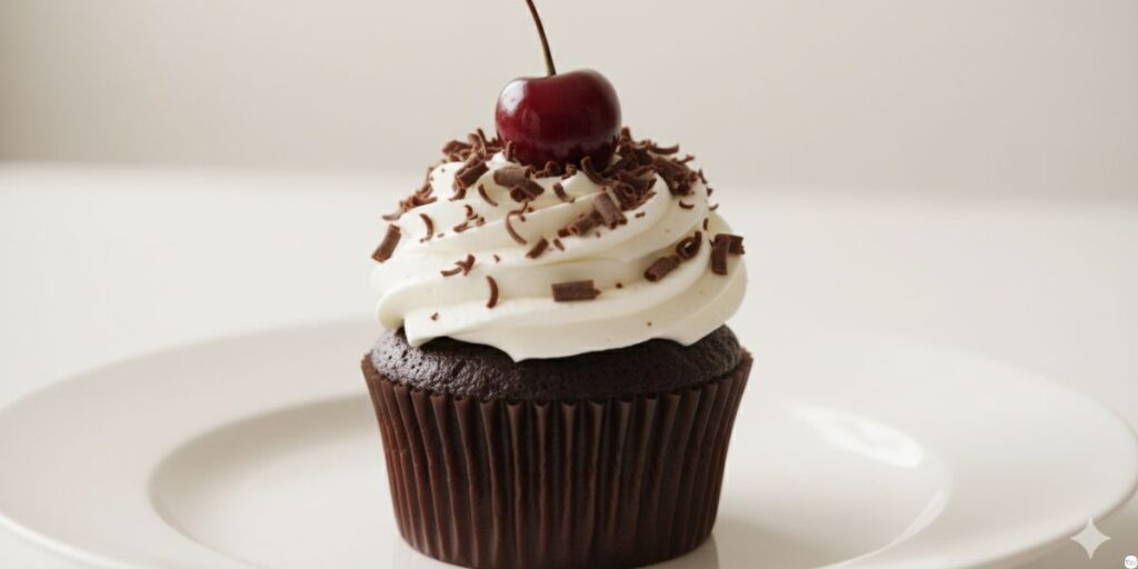 Plate of Black Forest Cupcakes with cherry filling cut open, showing moist chocolate sponge and whipped cream