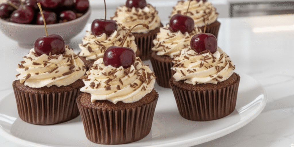 Plate of Black Forest Cupcakes with cherry filling cut open, showing moist chocolate sponge and whipped cream