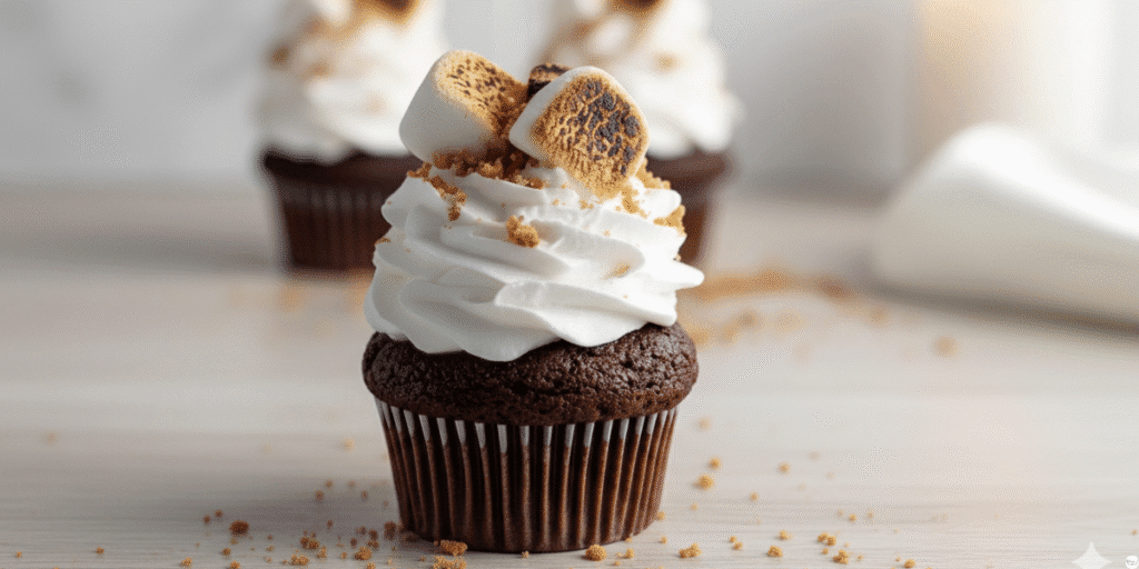 Plate of S’mores cupcakes on a table served with a cup of hot chocolate, cozy dessert presentation”