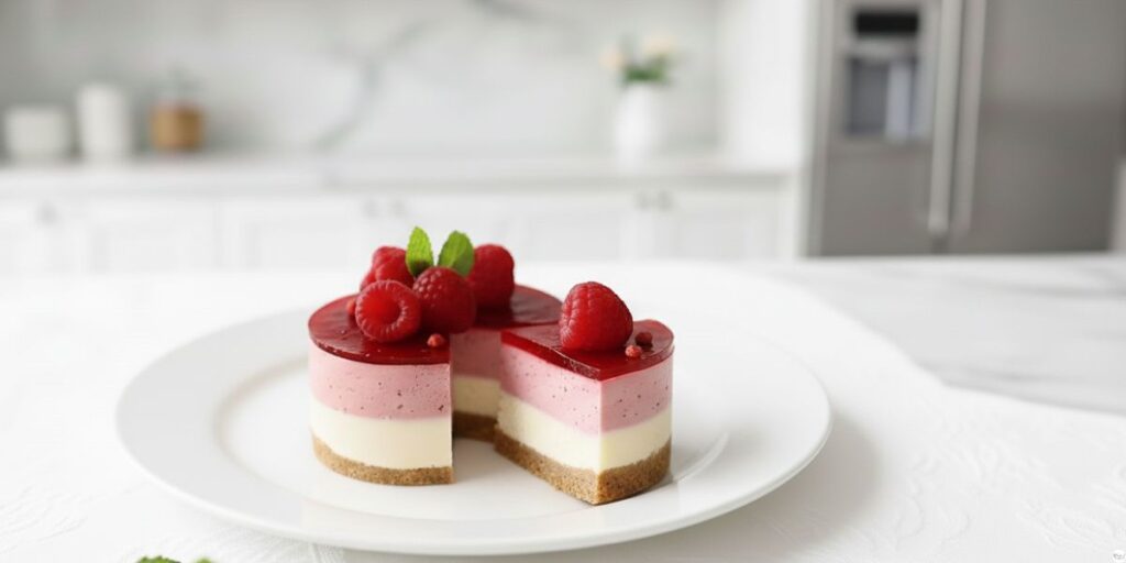 Slice of no-bake raspberry cheesecake showing biscuit base, creamy filling, and vibrant raspberry layer