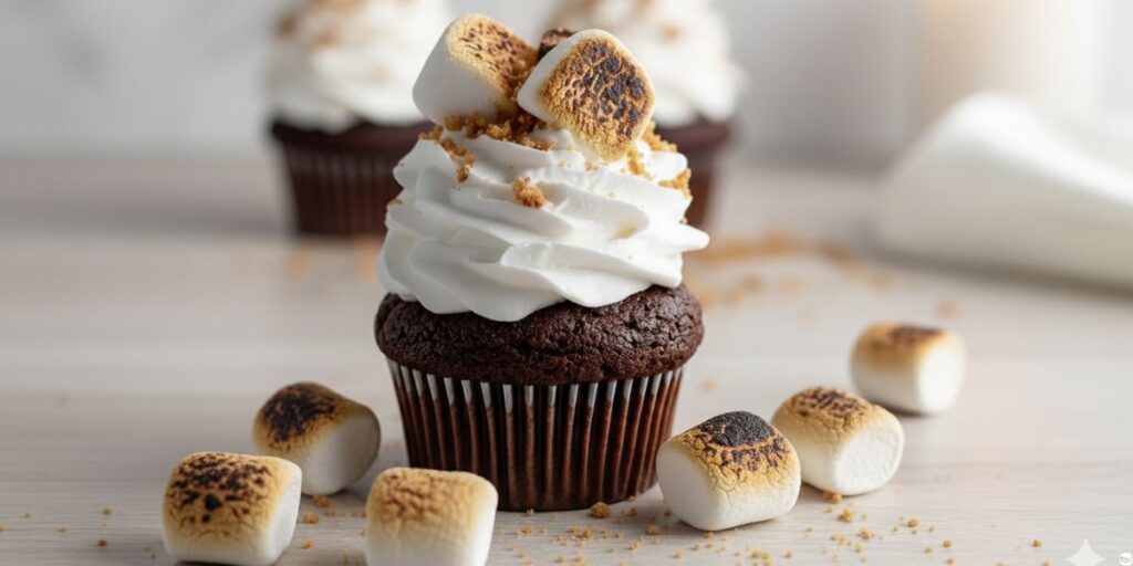 S’mores cupcake with toasted marshmallow frosting, chocolate ganache drizzle, and graham cracker crumbs on top