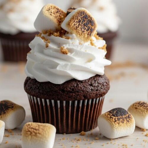 S’mores cupcake with toasted marshmallow frosting, chocolate ganache drizzle, and graham cracker crumbs on top