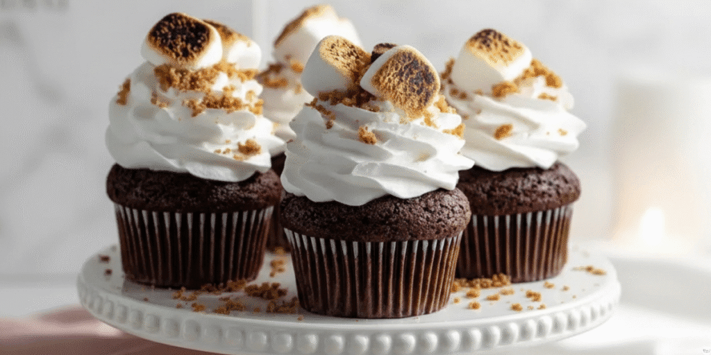 S’mores cupcake with toasted marshmallow frosting, chocolate ganache drizzle, and graham cracker crumbs on top