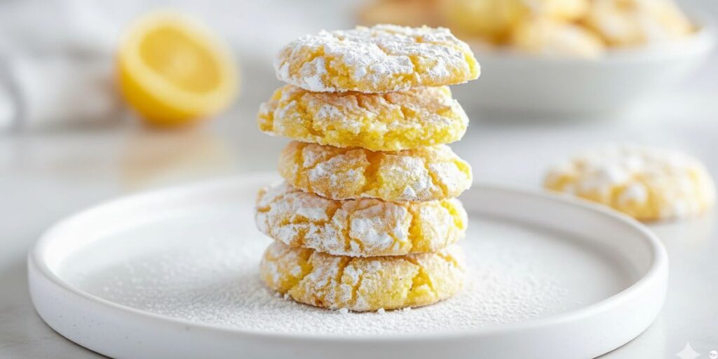 Soft lemon crinkle cookies served on a plate with tea and cozy table setup