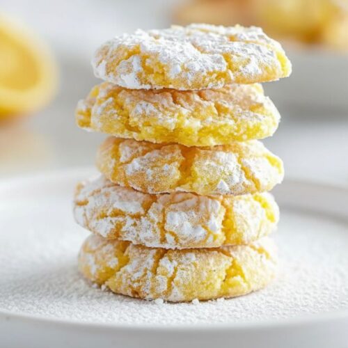 Zesty lemon crinkle cookies stacked on a plate with crackled powdered sugar tops