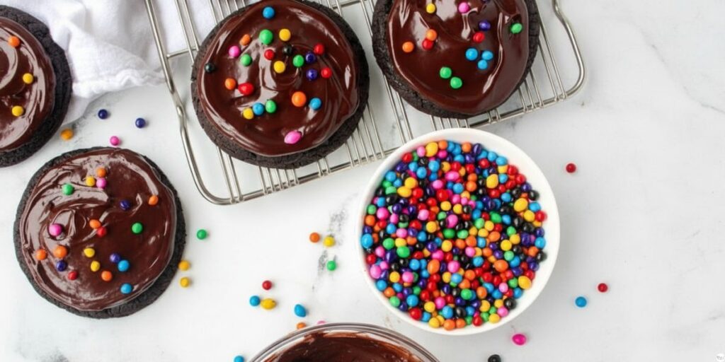Spreading chocolate ganache and adding rainbow sprinkles on Cosmic Brownie Cookies”