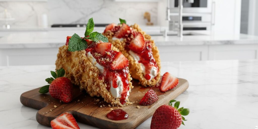 Strawberry crunch cheesecake tacos filled with creamy cheesecake and fresh strawberries.
