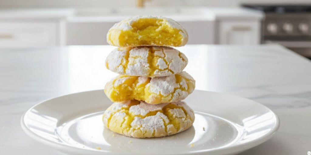 Zesty lemon crinkle cookies stacked on a plate with crackled powdered sugar tops”