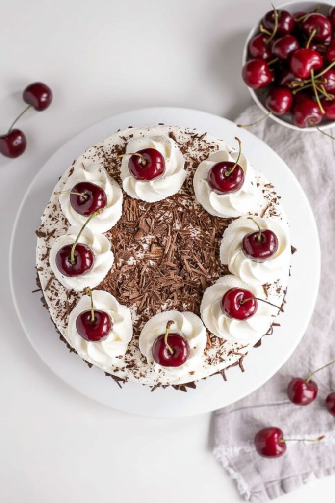 Chocolate shavings and bark used to decorate homemade Black Forest Cake