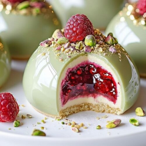 Elegant pistachio raspberry cheesecake domes ready to serve on a dessert platter”