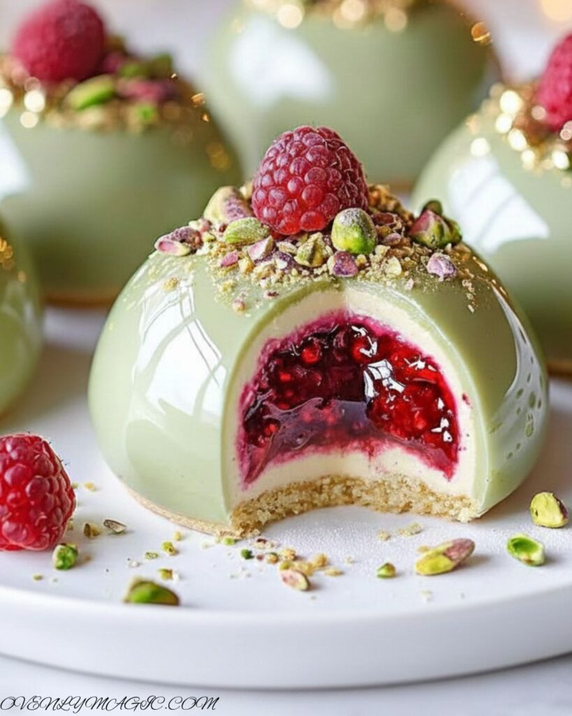 Elegant pistachio raspberry cheesecake domes ready to serve on a dessert platter”