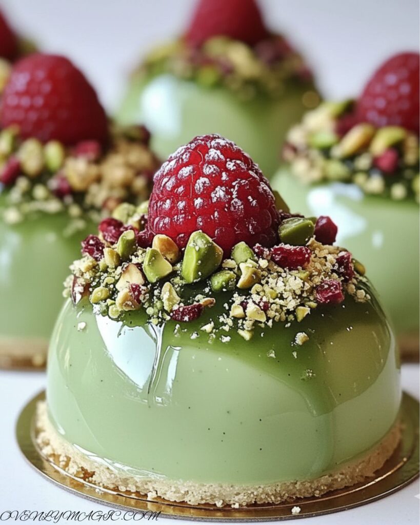 Elegant pistachio raspberry cheesecake domes ready to serve on a dessert platter”