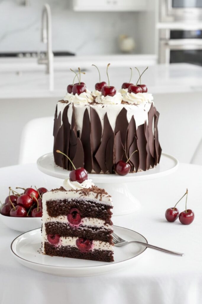 Homemade Black Forest Cake with chocolate layers, whipped cream frosting, and fresh cherries on top