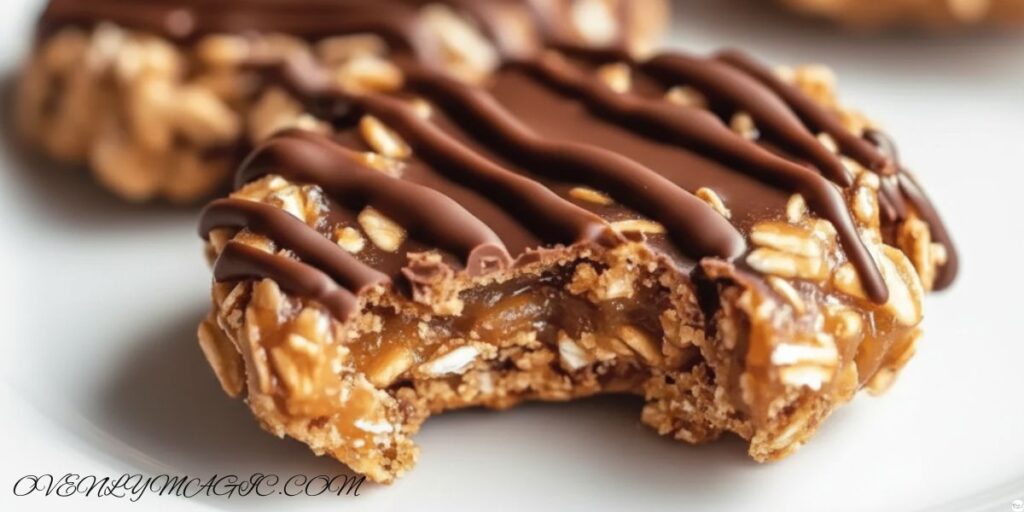 Peanut butter chocolate caramel cookies served with a glass of cold milk, arranged on a tray with chocolate drizzle and caramel filling visible.