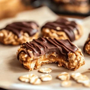 Peanut butter chocolate caramel cookies served with a glass of cold milk, arranged on a tray with chocolate drizzle and caramel filling visible.