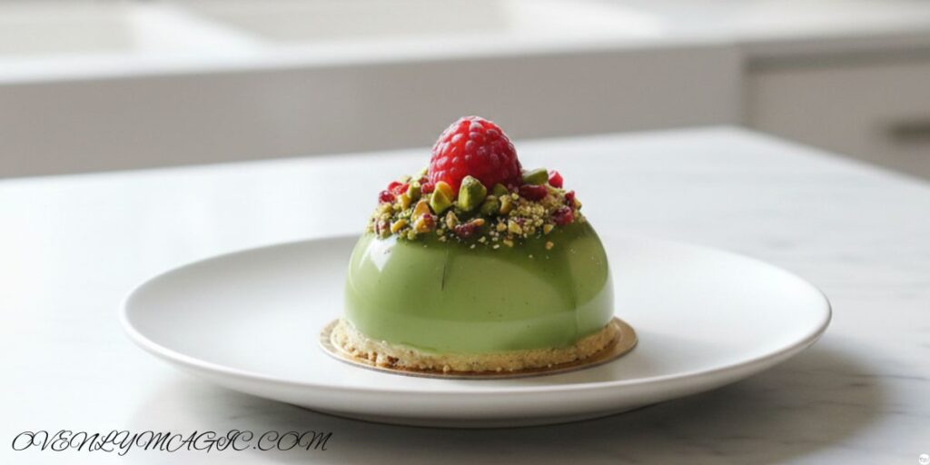 Pistachio raspberry cheesecake dome with creamy pistachio layer and fresh raspberry topping, served on a decorative dessert plate