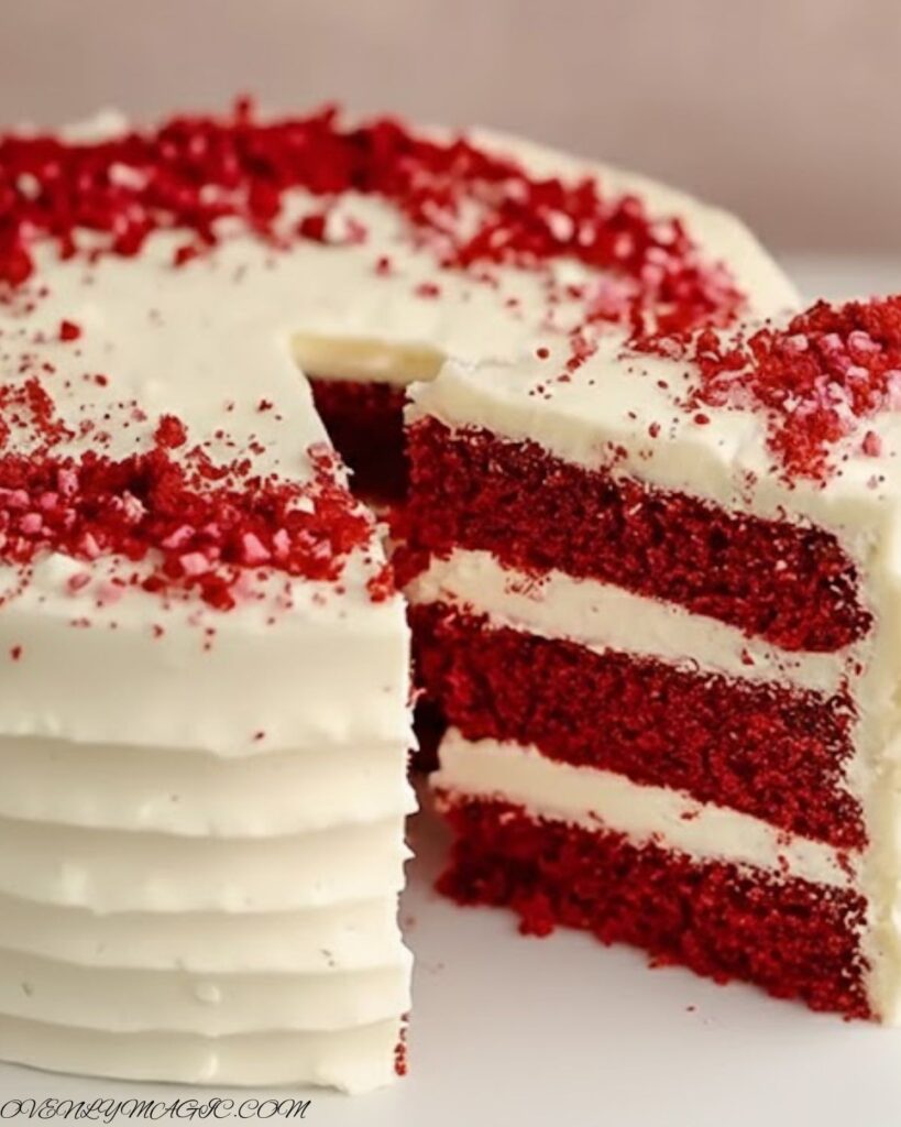 Red velvet cake fully frosted with smooth cream cheese frosting