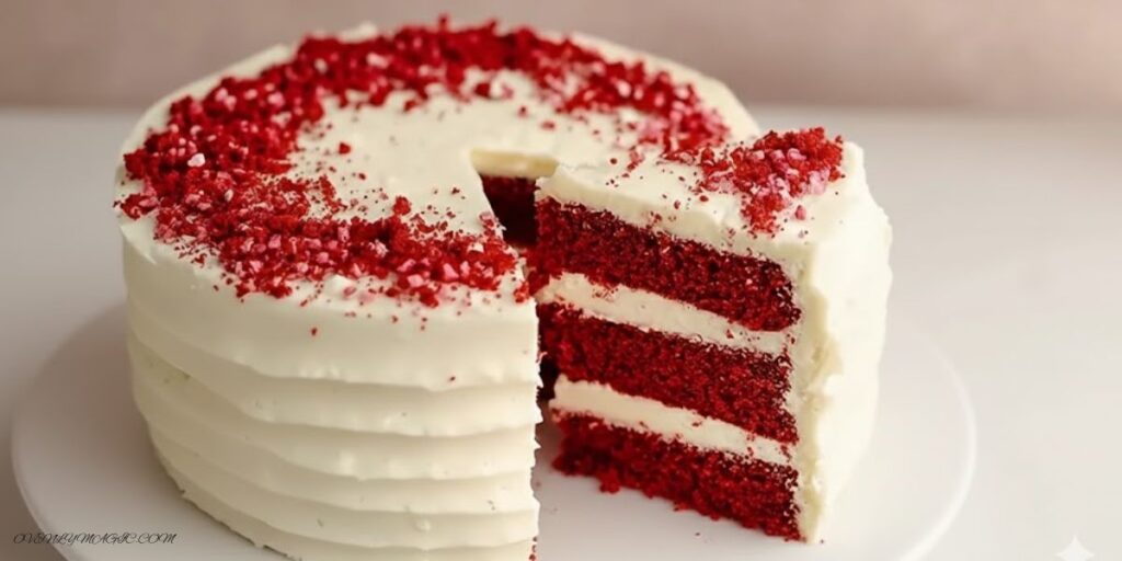Red velvet cake fully frosted with smooth cream cheese frosting