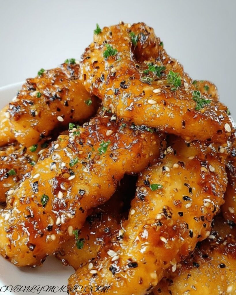 Air fryer honey butter garlic chicken tenders served on a plate, garnished with a sprinkle of parsley, ready to eat